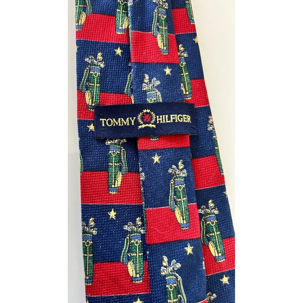 Vtg 90s Tommy Hilfiger Silk Tie Navy Red Striped Golf Bag Club Crest Ivy Preppy